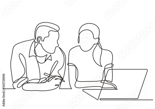 continuous line drawing vector illustration with FULLY EDITABLE STROKE of  two coworkers talking