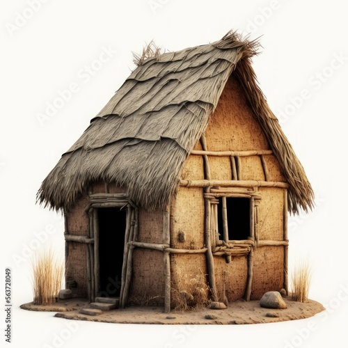 Fotografie, Tablou Primitive basic hut yurt house built from straw isolated on a background, genera