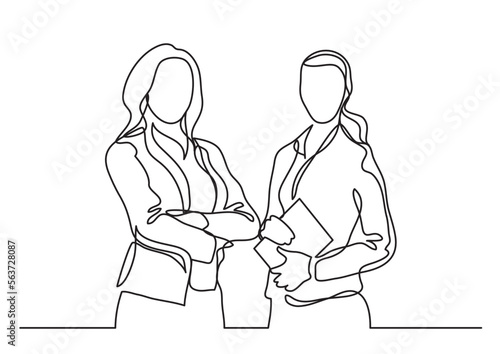 continuous line drawing vector illustration with FULLY EDITABLE STROKE of  two standing business woman