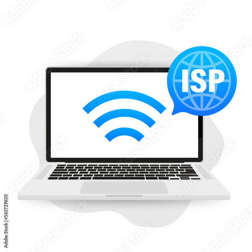 Internet provider on a laptop. Definition of the abbreviation of information technologies. ISP. Internet provider. Vector illustration