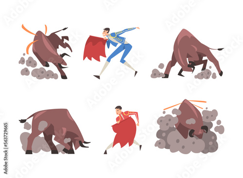 Bullfighting with Toreador Fighting with Furious Bull Vector Set
