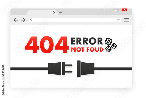 404 error page not found banner. Cable and socket. Cord plug. System error, broken page. Disconnected wires from the outlet. For website. Web Template. Popping window. Vector illustration