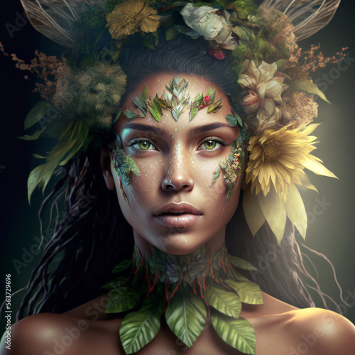 Foto creative painting of a young woman with floral decoration on her head, goddess o