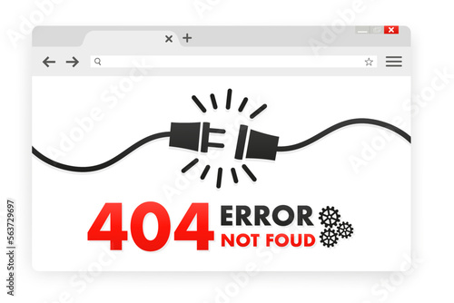 404 error page not found banner. Cable and socket. Cord plug. System error, broken page. Disconnected wires from the outlet. For website. Web Template. Popping window. Vector illustration