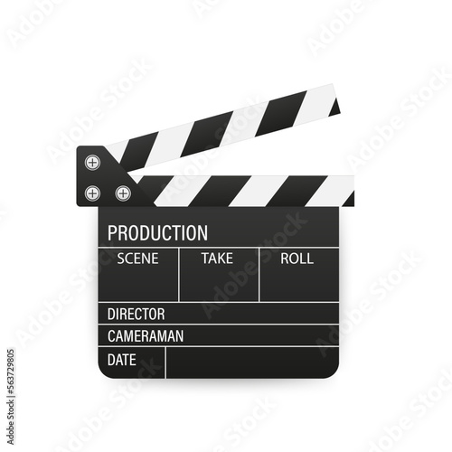 Movie clapper isolated on white. Black open clapperboard .Video icon. Film making industry. Cinematography and filmmaking equipment. Film clapper design element. Vector illustration