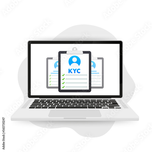 KYC - Know Your Customer vector icon design. Profile identity symbol isolated on white background. Personal identification concept. KYC Verification on the laptop. KYC document. Vector illustration