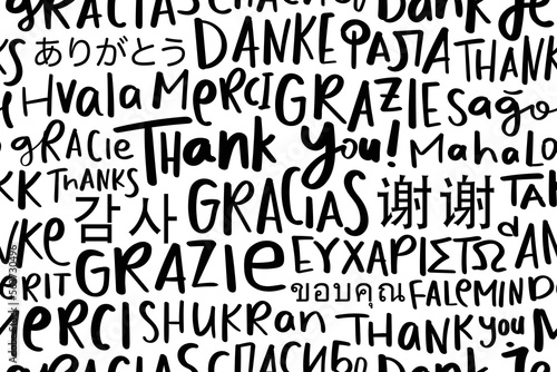 Thank you in different international world languages text, seamless pattern repeating texture background design. Vector illustration for prints, wallpapers, fashion graphics. photo