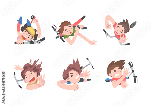 Little Boy and Girl Falling Down from Scooter and Bike as Traumatic Situation Vector Set