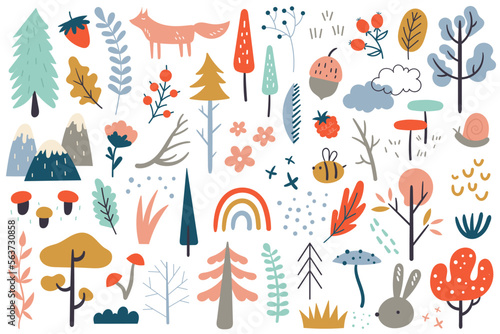 Photography Hand drawn forest doodle elements flat icons set