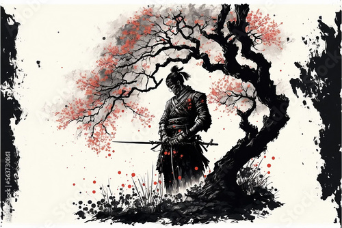 Samurai art sakura tree illustration
