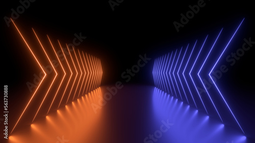 Fototapeta Naklejka Na Ścianę i Meble -  Sci Fy neon glowing wave lines in a dark hall. Reflections on the floor. Empty background in the center. 3d rendering image. Abstract glowing lines. Techology futuristic background.