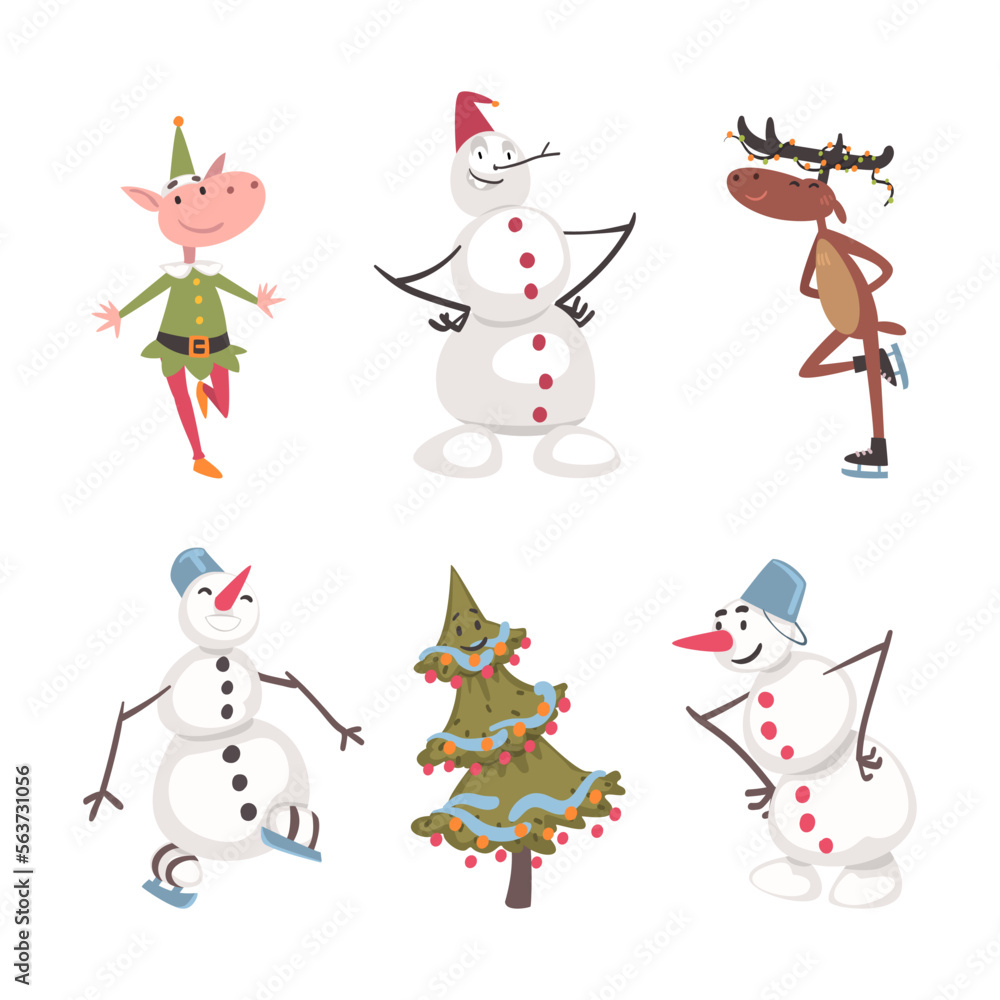 Christmas and New Year Character with Snowman, Reindeer, Elf and Fir Tree Vector Set