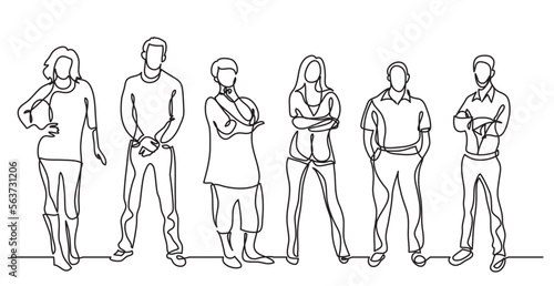 continuous line drawing vector illustration with FULLY EDITABLE STROKE of diverse crowd of standing people