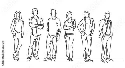 continuous line drawing vector illustration with FULLY EDITABLE STROKE of diverse group of standing people