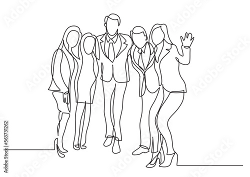 continuous line drawing vector illustration with FULLY EDITABLE STROKE of happy business team standing