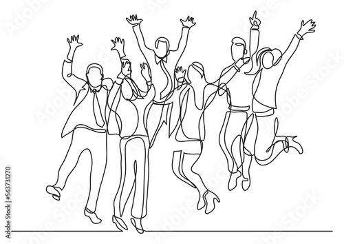 continuous line drawing vector illustration with FULLY EDITABLE STROKE of happy office workers jumping joy