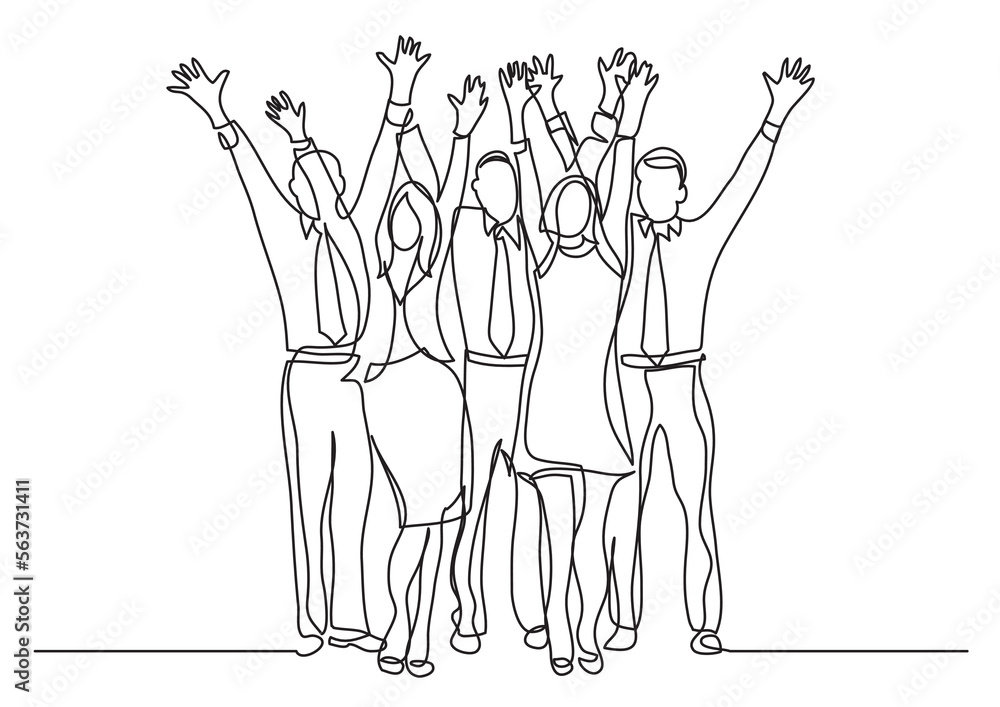 continuous line drawing vector illustration with FULLY EDITABLE STROKE of standing office team cheering waving hands