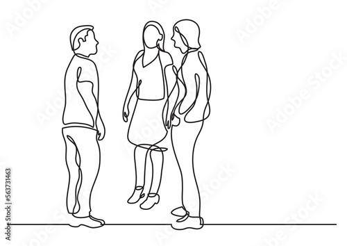 continuous line drawing vector illustration with FULLY EDITABLE STROKE of three coworkers standing talking