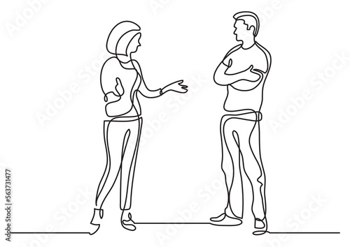 continuous line drawing vector illustration with FULLY EDITABLE STROKE of two coworkers standing talking
