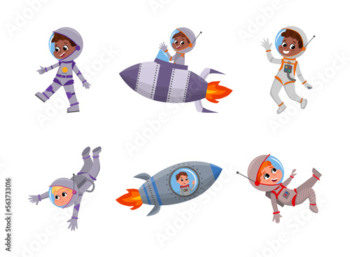 Cute Kid Astronauts in Outer Space Riding Rocket or Spaceship Vector Set