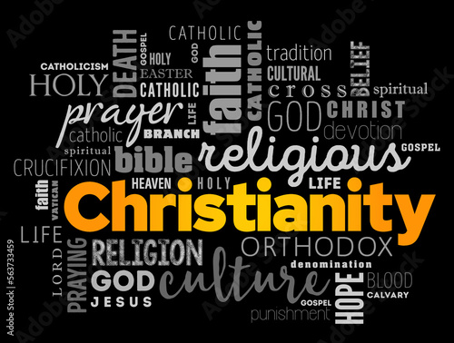 Christianity is an Abrahamic monotheistic religion based on the life and teachings of Jesus of Nazareth, word cloud concept background