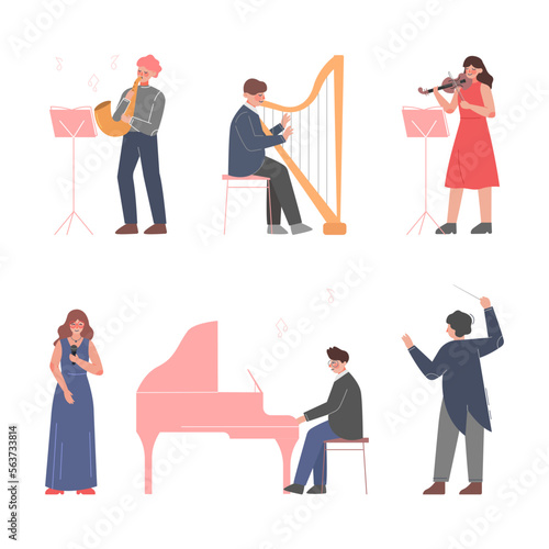 Man and Woman Musician Character Playing Musical Instrument and Conducting Orchestra Vector Set