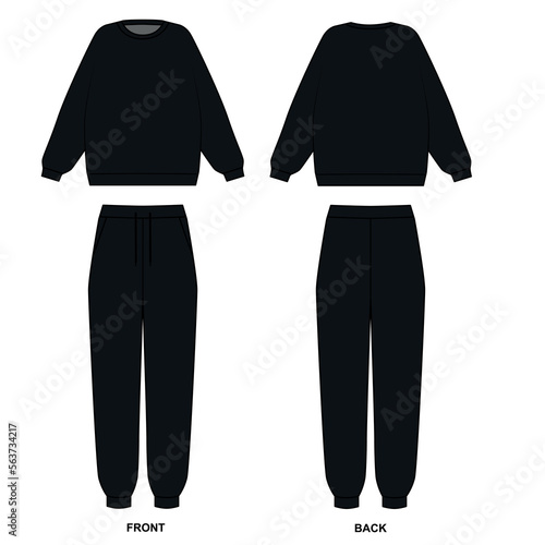 Vector contour drawing of a crew-neck sweatshirt and sweatpants. Tracksuit template, front and back view. Hoodie and joggers sketch on white background, vector. Sweatshirt and pants training suit, vec