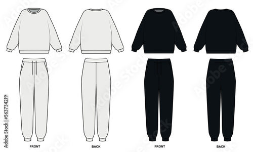 Vector contour drawing of a crew-neck sweatshirt and sweatpants. Set of tracksuit templates, front and back view. Hoodie and joggers sketch on white background, vector. photo