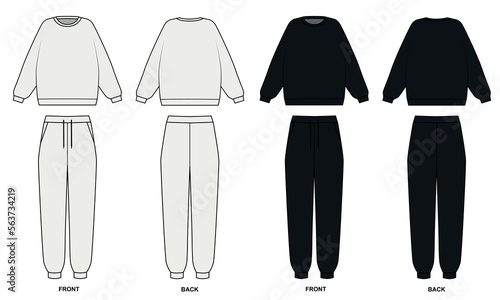 Vector contour drawing of a crew-neck sweatshirt and sweatpants. Set of tracksuit templates, front and back view. Hoodie and joggers sketch on white background, vector.