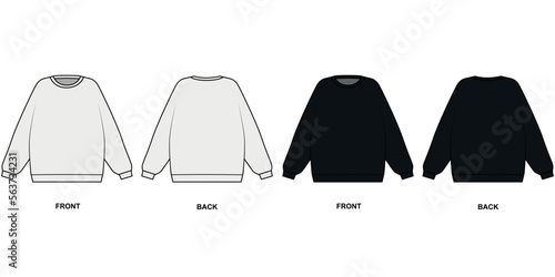 Set of Vector drawings of round neck sweatshirts. Outline Sweatshirt template front and back view. Illustration of a sports jacket in black and gray on a white background.