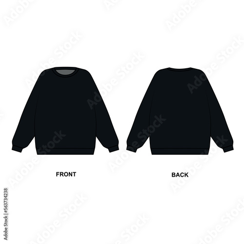Vector drawing of a black crew-neck sweatshirt. Sweatshirt template front and back view. Illustration of a sports jacket in black color on a white background.