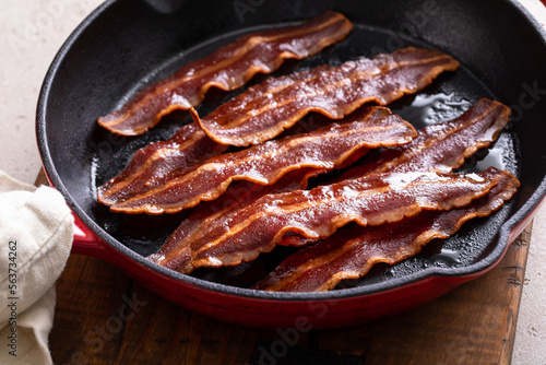 Turkey bacon cooked on a cast iron pan
