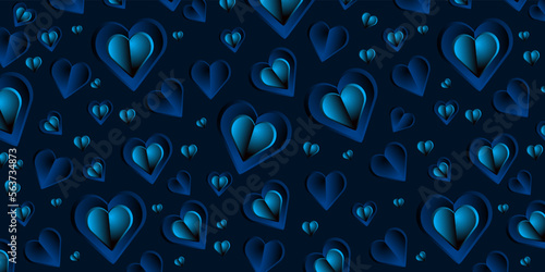 Postcard with hearts. Blue hearts on a black background. Festive background vector illustration.