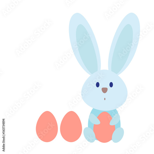 Cute blue bunny holding an egg. pink colored eggs . Flat style .Tender Easter vector illustration