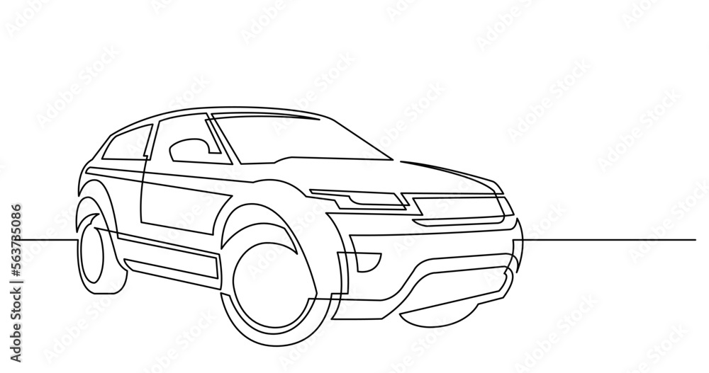 continuous line drawing vector illustration with FULLY EDITABLE STROKE of modern powerful luxury suv car