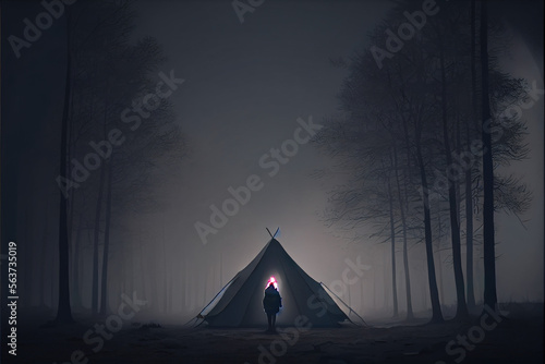 camping in the middle of the foggy forest