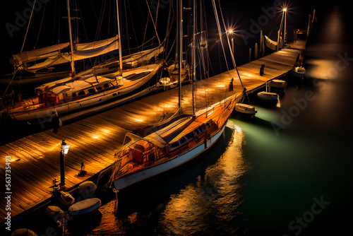  Boats in the harbor at night.  Marina at Night.  Generative AI. © EwaStudio