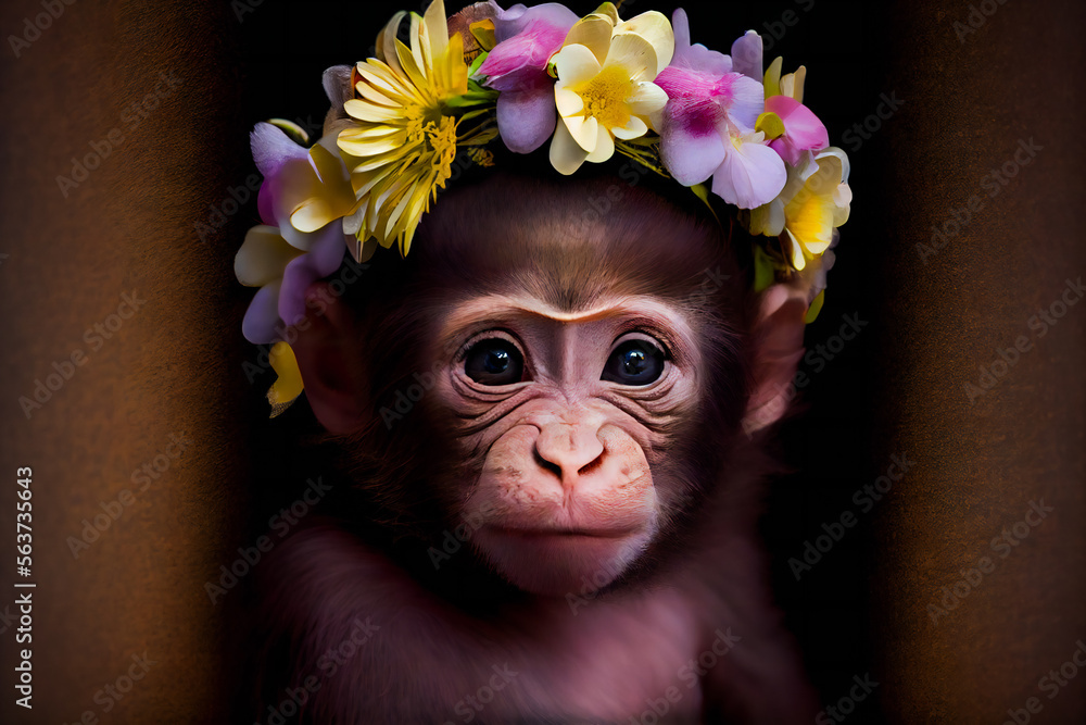 Fototapeta premium Cute baby monkey portrait on black background. Generative AI.