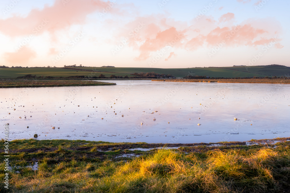 View of the frozen Cuckmere river on a winter day, East Sussex, England
