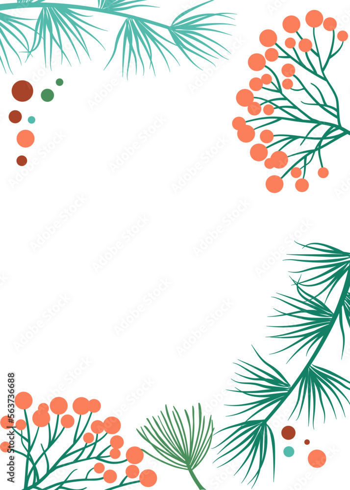 Retro foliage vector border, nature card template, plant branch, leaf, berry. Christmas vintage background. Decorative winter illustration