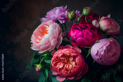 A pink peony bouquet.  Generative AI. © EwaStudio