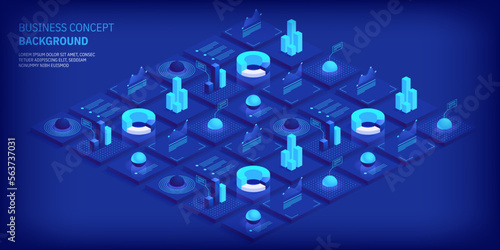 Business and finance abstract vector isometric background. Online statistics and data analytics. Digital money market; investment and trading. Perfect for web design; banner and presentation.