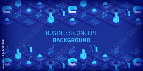 Business and finance abstract vector isometric background. Online statistics and data analytics. Digital money market; investment and trading. Perfect for web design; banner and presentation.