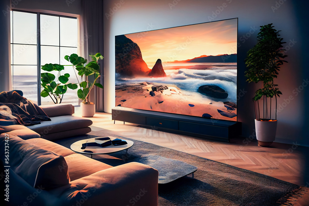 Big Tv In A Living Room. Elegant living room with big tv screen. Generative  AI. Stock Illustration | Adobe Stock