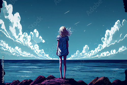 lonely dreamy girl standing near the sea and looking at the sky, digital art illustration. Girl with wind in hair standing on beach and imagine. 