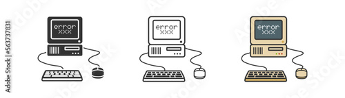 Vintage computer icon. 90's, 80's, back to childhood. Retro gaming. Old PC with display, keyboard, mouse. Outline, flat, and colored style. Flat design.