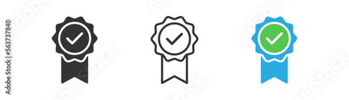 Sertificate icon. Approved concept. Green chek mark. Verification, guarantee, best, medal symbols. Outline, flat, and colored style. Flat design.