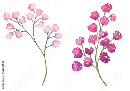 Set of watercolor flowers  hand drawn botanical illustration of flowers and leaves in magenta color. Ideal for wedding cards  prints  patterns  packaging design.