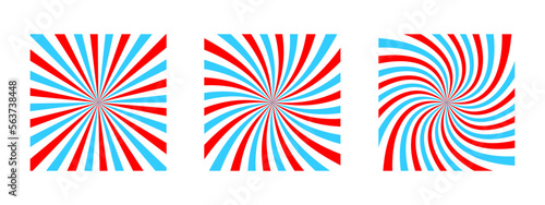 Set of twisted radial pink and blue stripes. Vortex effect. Pinwheel pattern. Circus, carnival or masquerade background. Bubble gum, lollipop candy, ice cream texture. Vector cartoon illustration