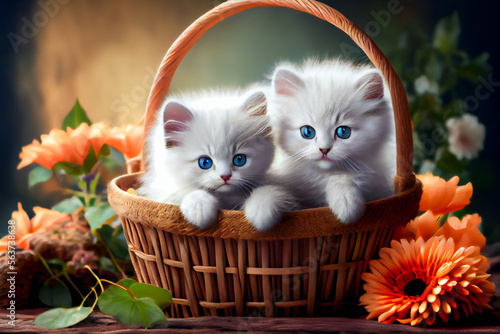 Fluffy white kittens sitting in a wicker basket. Generative AI.